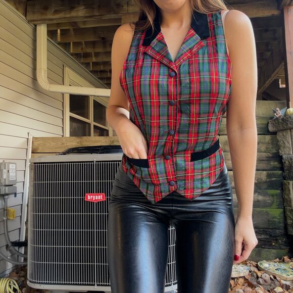 Vintage Plaid Velvet Trim Vest - Picture 5 of 7